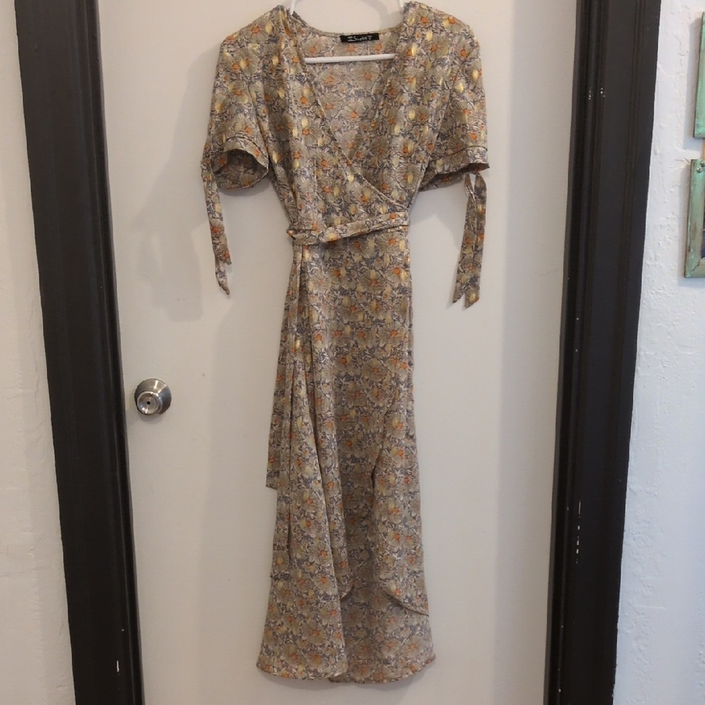 Simplee Blue And Gold Floral Wrap Maxi Dress